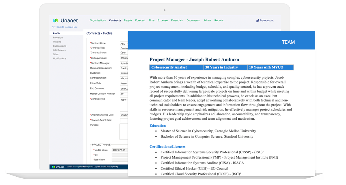 GovCon CRM - Proposal management tools for creating winning proposals efficiently. Image of a laptop with Unanet's CRM highlighting the "contacts" tab. Profile is of an Joseph Robert Anburn, project manager/cybersecurity analyst