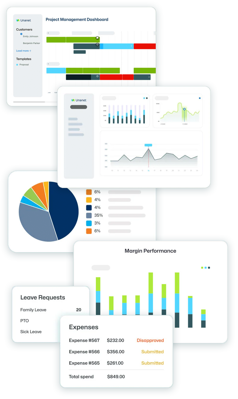 Unanet ERP for GovCon time and expense tracking dashboard, offering streamlined time entry, expense management, and real-time project visibility for compliance and cost control