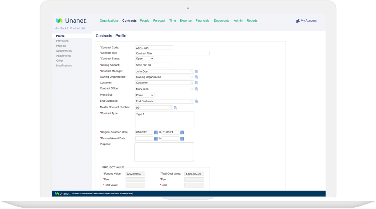 unanet-erp-govcon-contract-management-screenshot-1