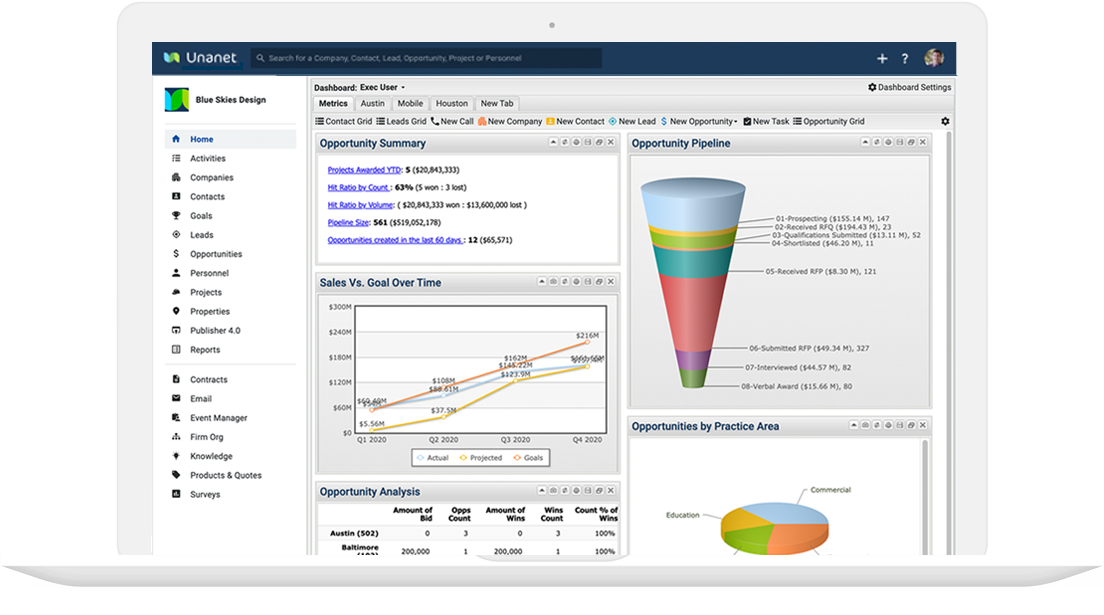  GovCon CRM - Pipeline management tools for GovCon business development. Image of laptop with Unanet's CRM dashboard showing the "home" tab of a company called Blue Skies Design. 