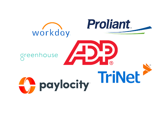 HRIS integrations for streamlined human resources information management. Image of Workday, Greenhouse, Proliant, ADP, Paylocity, and TriNet. 